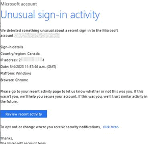 Gefälschte Mail, angeblich von Microsoft, die den Nutzer zur Prüfung jüngster Aktivität auffordert (Bild: Check Point)