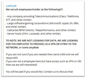 The Lapsus hacker gang specifically looked for insiders in telecommunications (Image: Check Point Software Technologies).